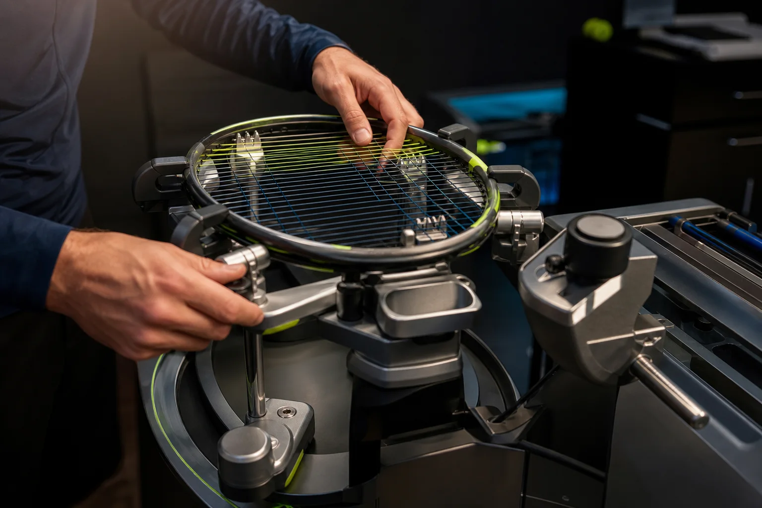 Detalhe do processo de encordoamento em máquina profissional
